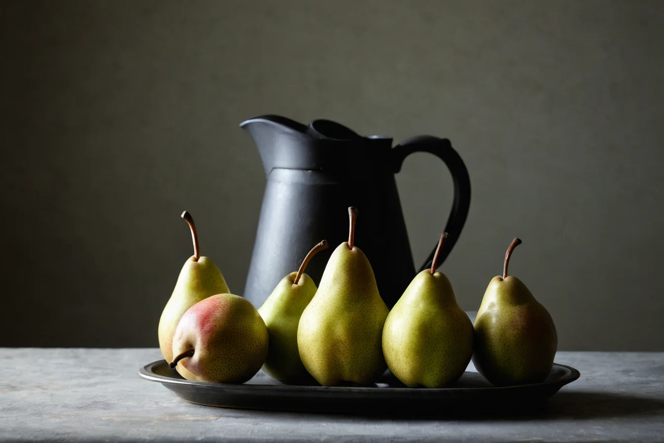 Five pears and a black pitcher arranged on a tray against a gray wall.
