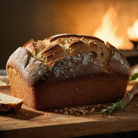 Freshly baked artisan bread with rosemary and knife on wooden board near fire