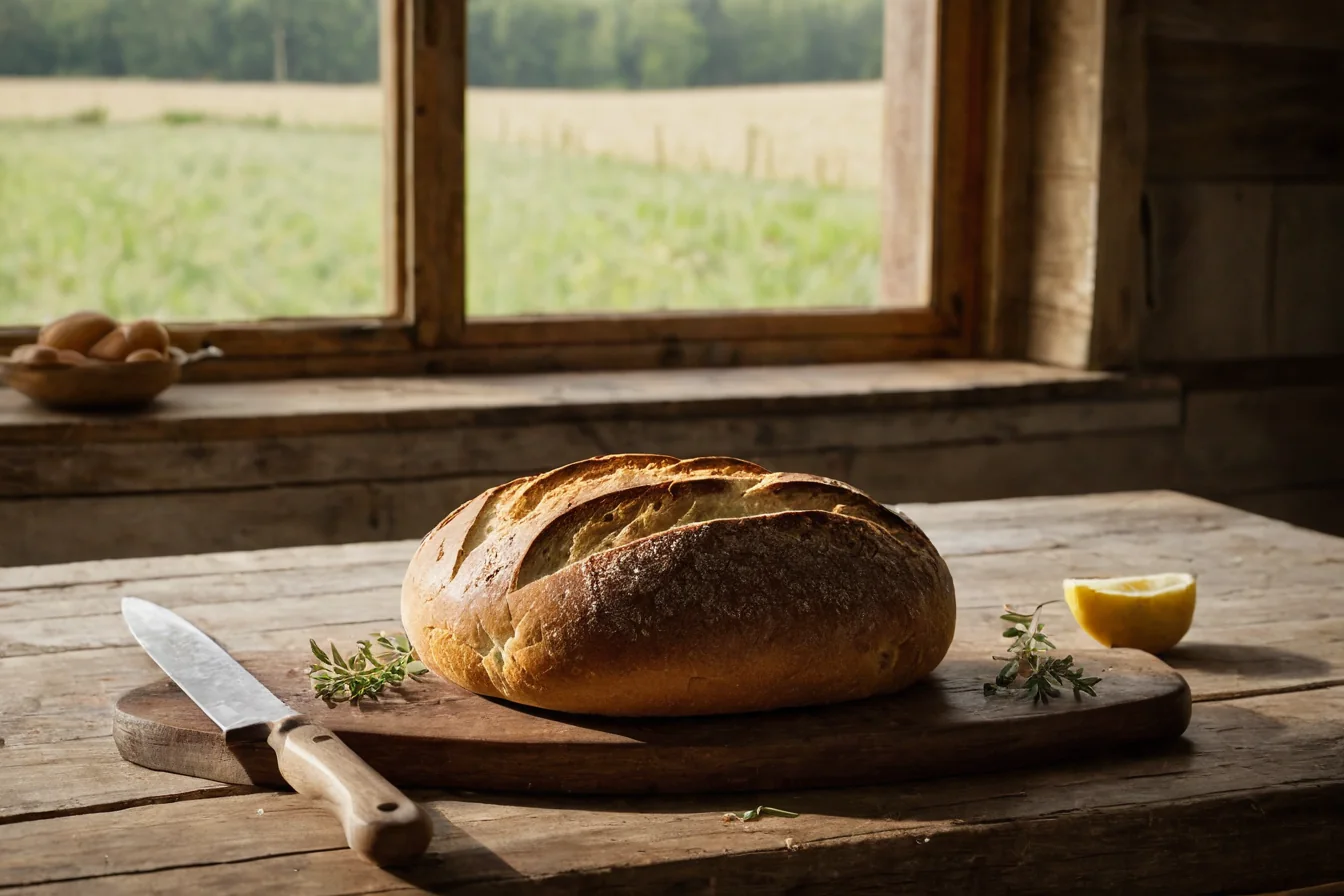 Freshly baked bread with knife lemon and herbs on wooden table near window