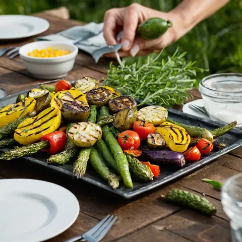 Grilled vegetables being seasoned on a wooden table outdoors