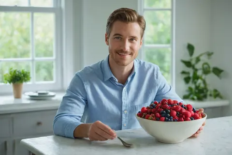Man holding bowl of mixed berries at kitchen counter with window light