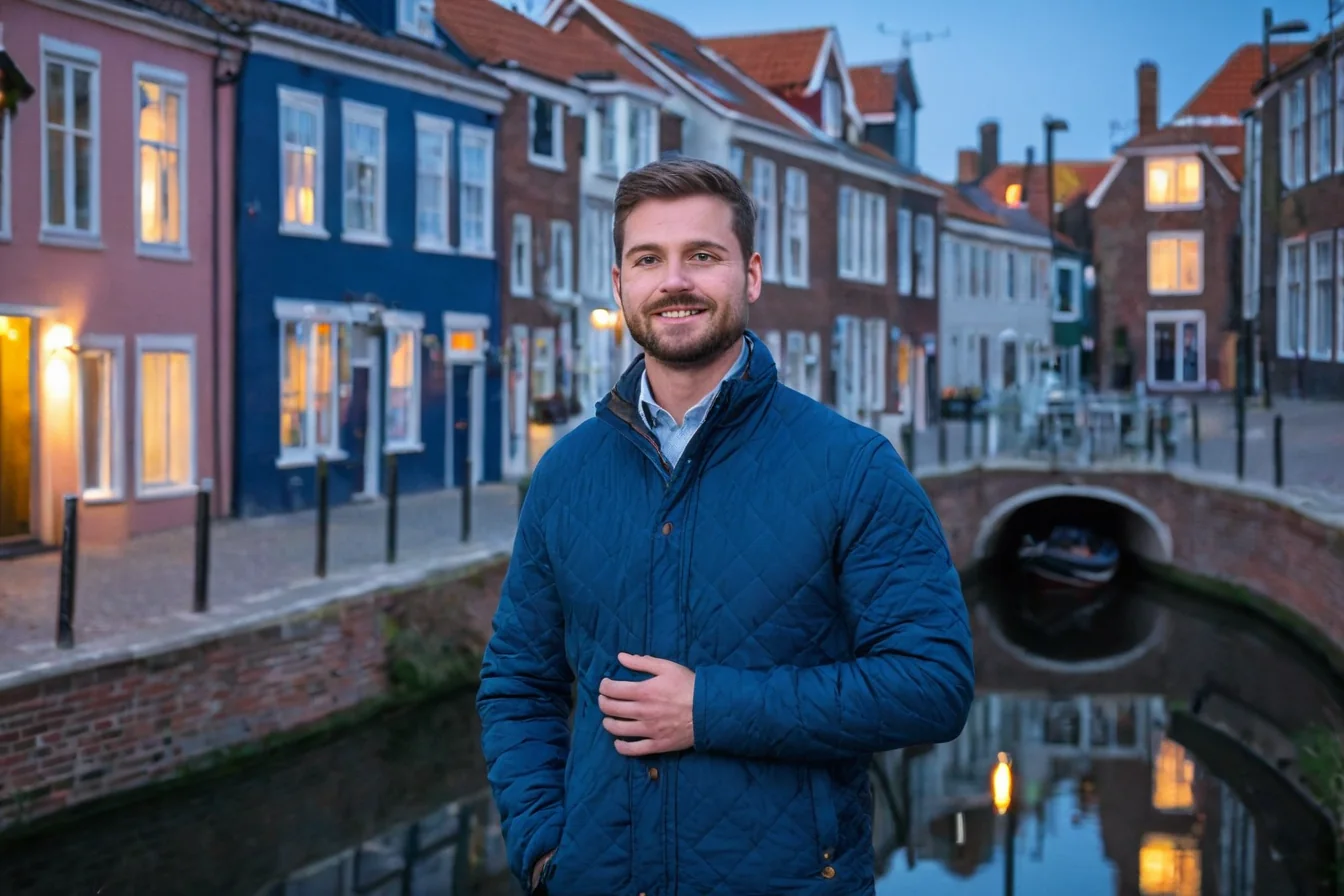 Man in blue quilted jacket standing by canal with colorful buildings and glowing windows at dusk