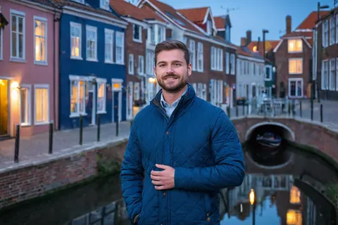 Man in blue quilted jacket standing by canal with colorful buildings and glowing windows at dusk