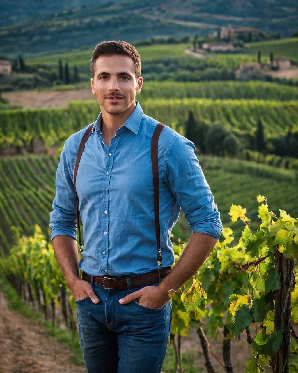 Man in blue shirt and suspenders standing in a vineyard with green hills and stone buildings behind him.