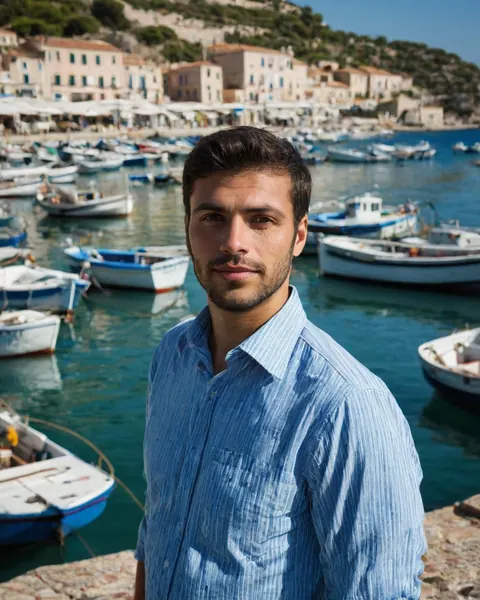 Man in blue shirt standing by harbor with boats and village in background