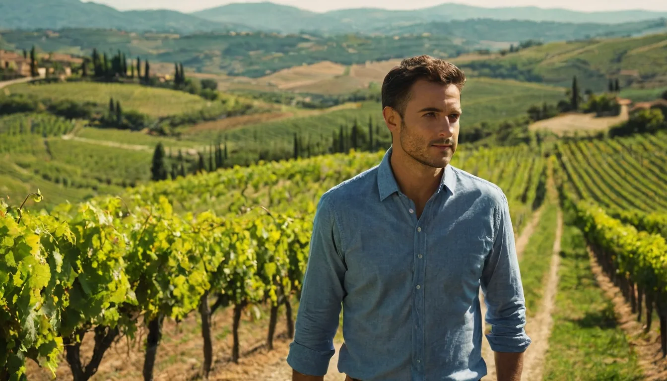 Man in blue shirt standing in sunlit vineyard with rolling hills and cypress trees
