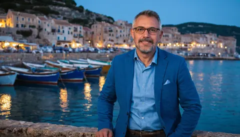 Man in blue suit smiling by harbor with boats and lit buildings at dusk