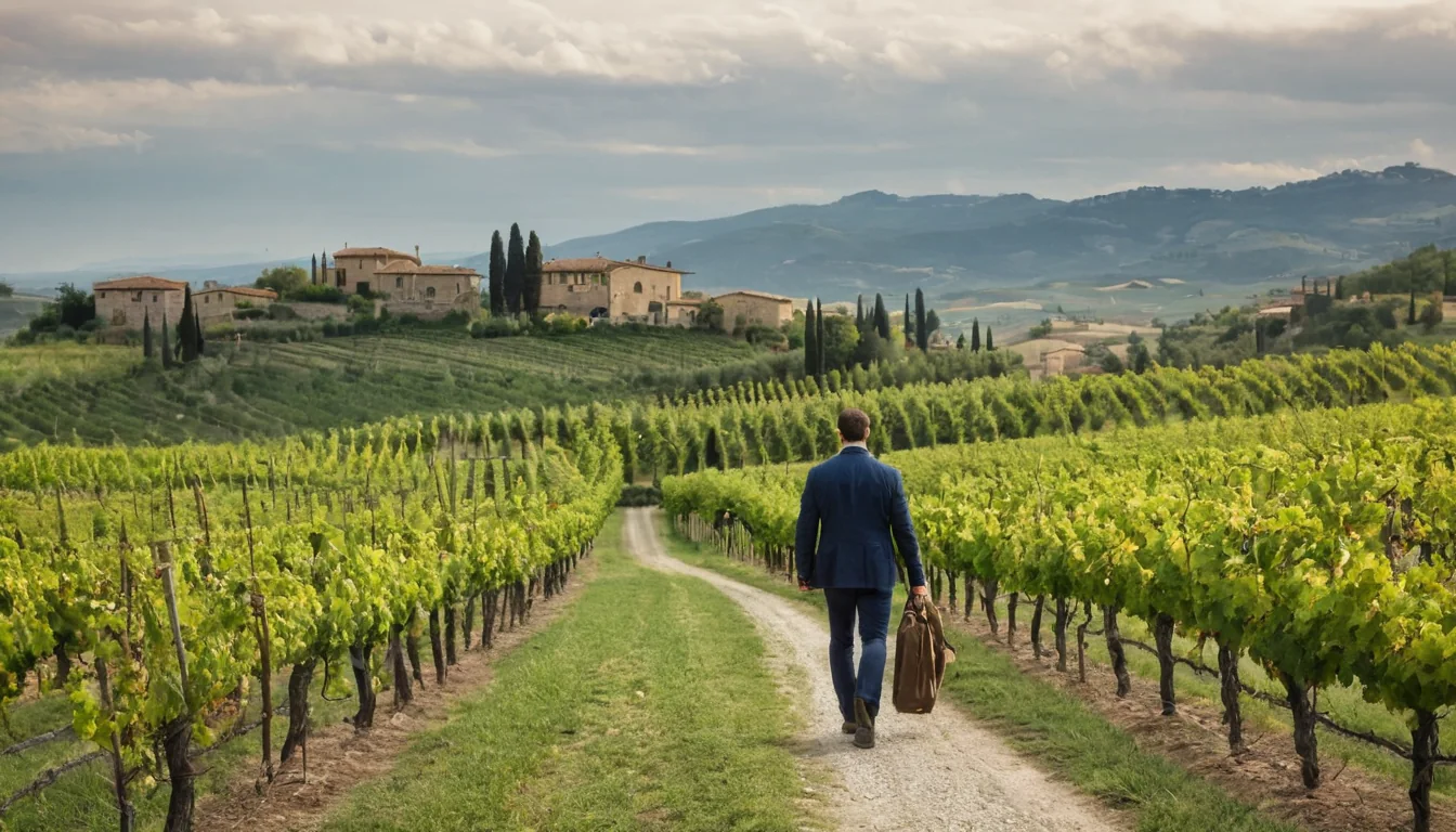 Man in blue suit walking through vineyard toward stone villas on cloudy day