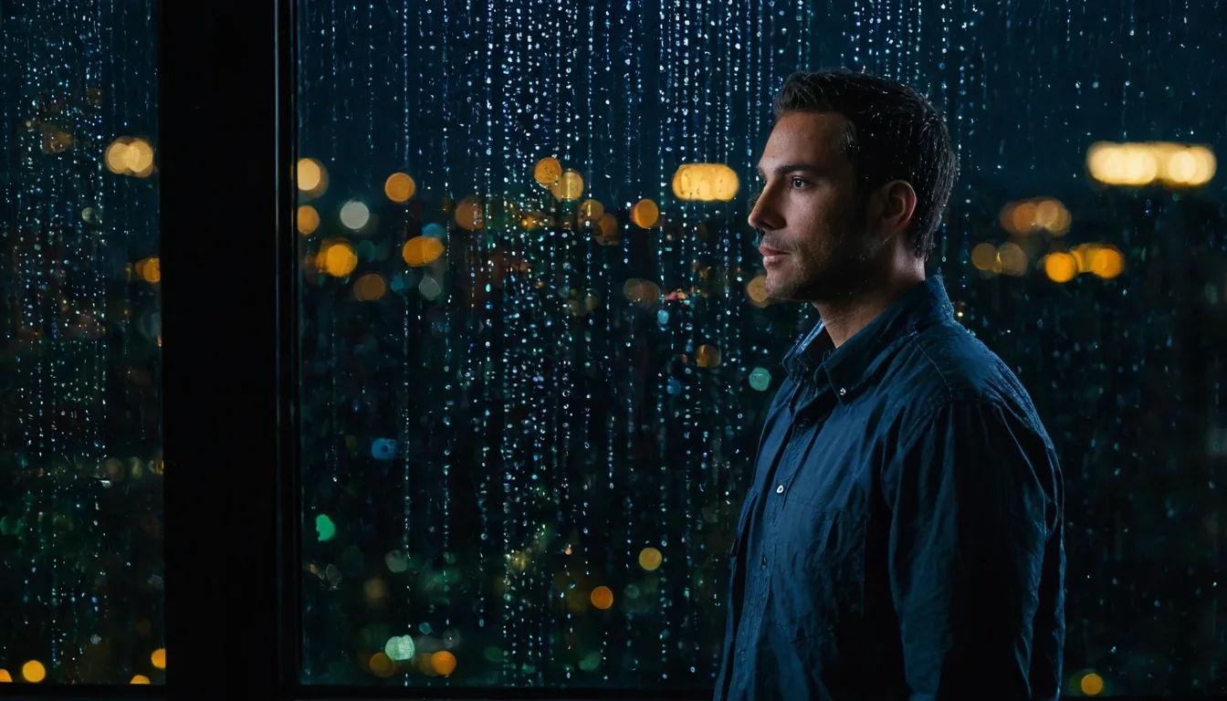 Man in dark shirt looking out rain-splattered window at night city lights
