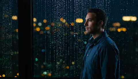 Man in dark shirt looking out rain-splattered window at night city lights