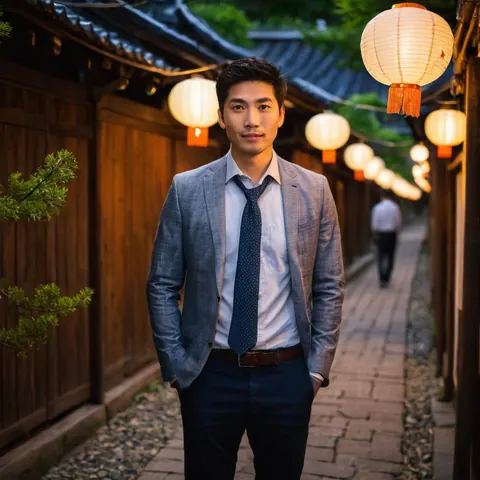 Man in suit standing in lantern-lit traditional alleyway at dusk