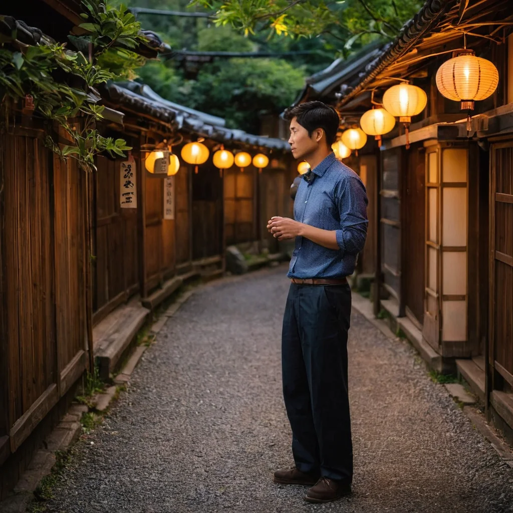 Man standing in a traditional wooden alleyway with glowing paper lanterns and greenery
