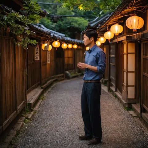 Man standing in a traditional wooden alleyway with glowing paper lanterns and greenery