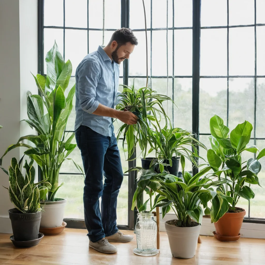 Man watering houseplants by a large window with natural light.