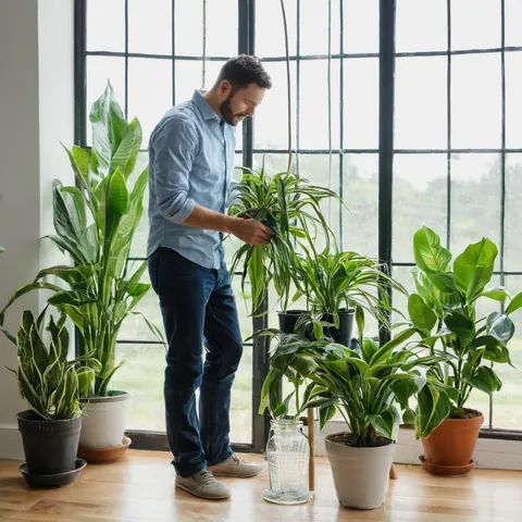 Man watering houseplants by a large window with natural light.