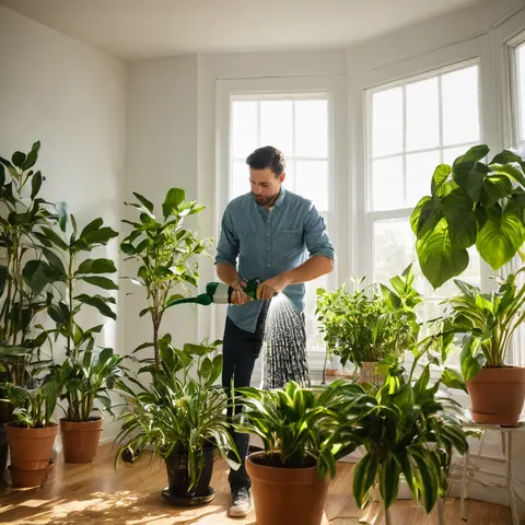 Man watering potted plants in a bright sunlit room with large windows.