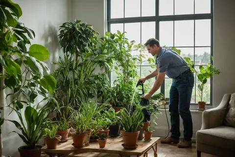 Man watering potted plants in a sunlit living room near a large window.