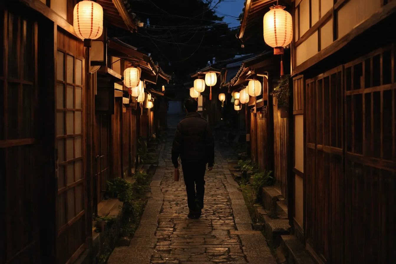 Person walking down narrow lantern-lit stone alley at night between wooden buildings