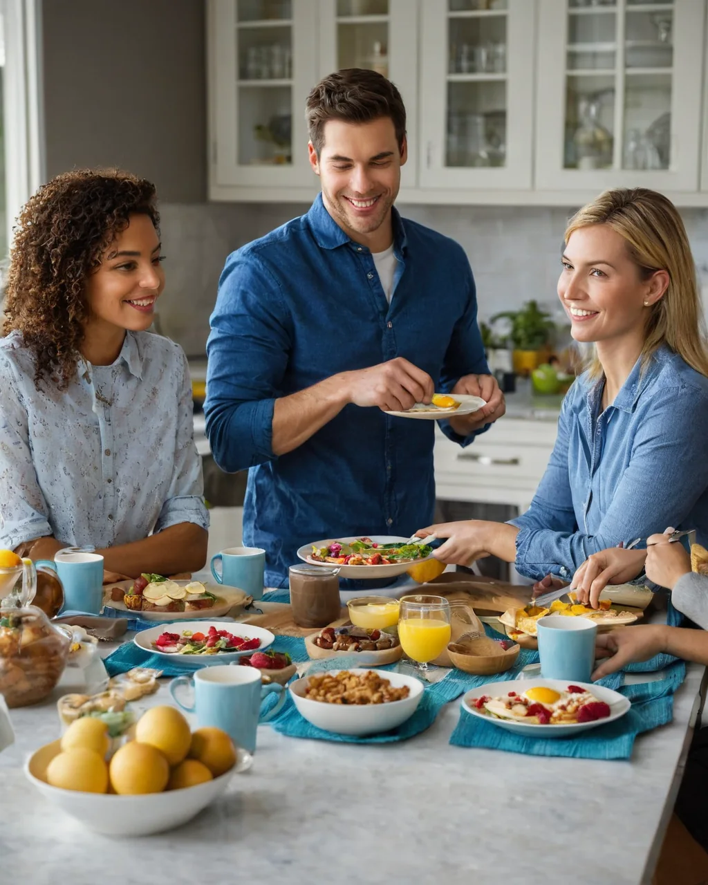 Three people sharing a cheerful breakfast together in a modern kitchen