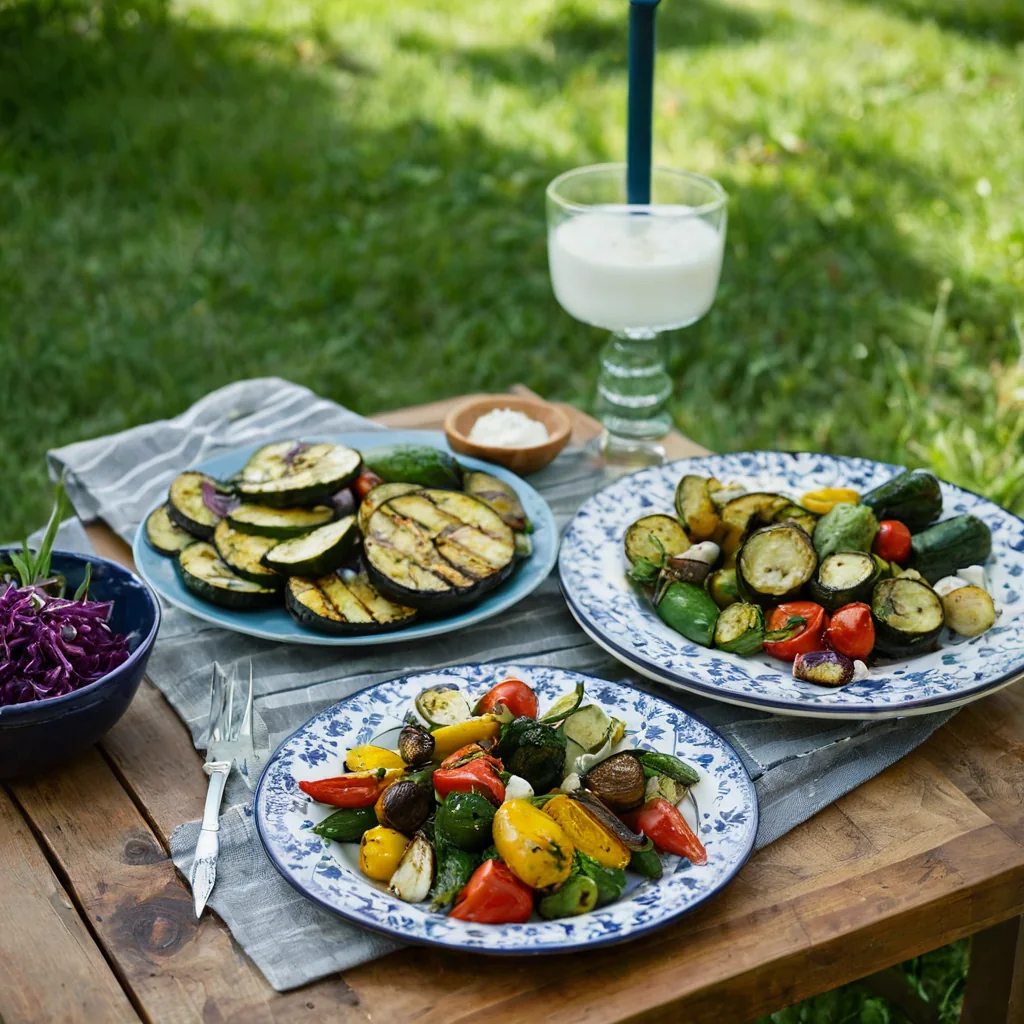Three plates of grilled vegetables and purple cabbage salad on a wooden table outdoors.