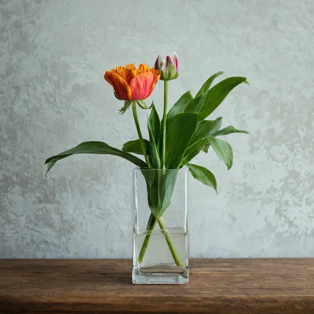 Three tulips in a glass vase on a wooden table against a gray wall