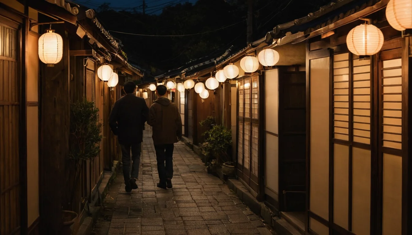 Two people walking down a lantern-lit alleyway at night in traditional Japanese architecture.