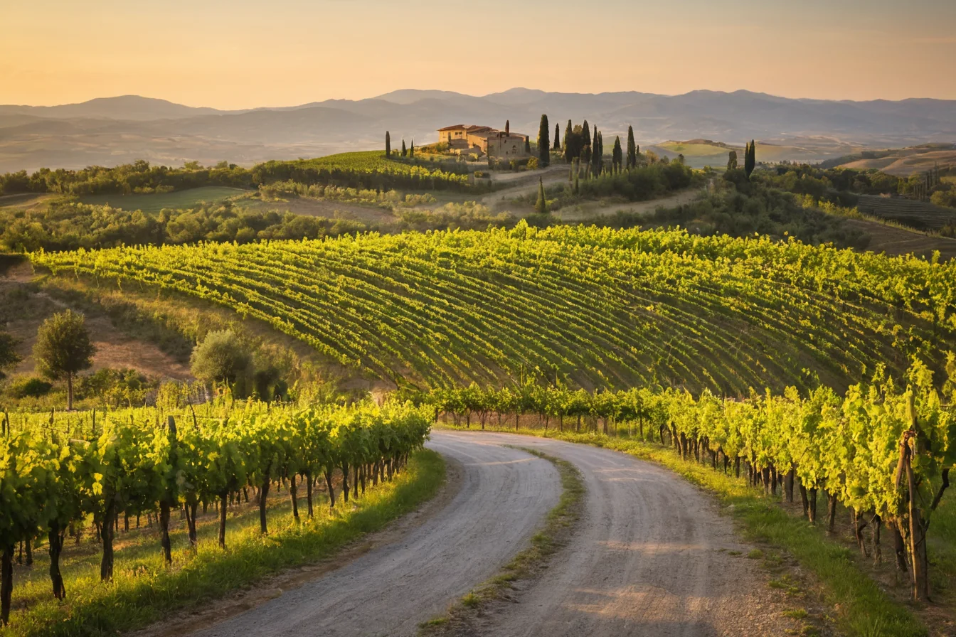 Winding dirt road through green vineyards leading to a stone villa on a hill at sunset