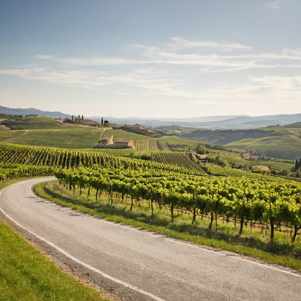 Winding road through green vineyards with hills and buildings in the distance