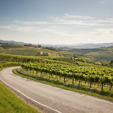 Winding road through green vineyards with hills and buildings in the distance