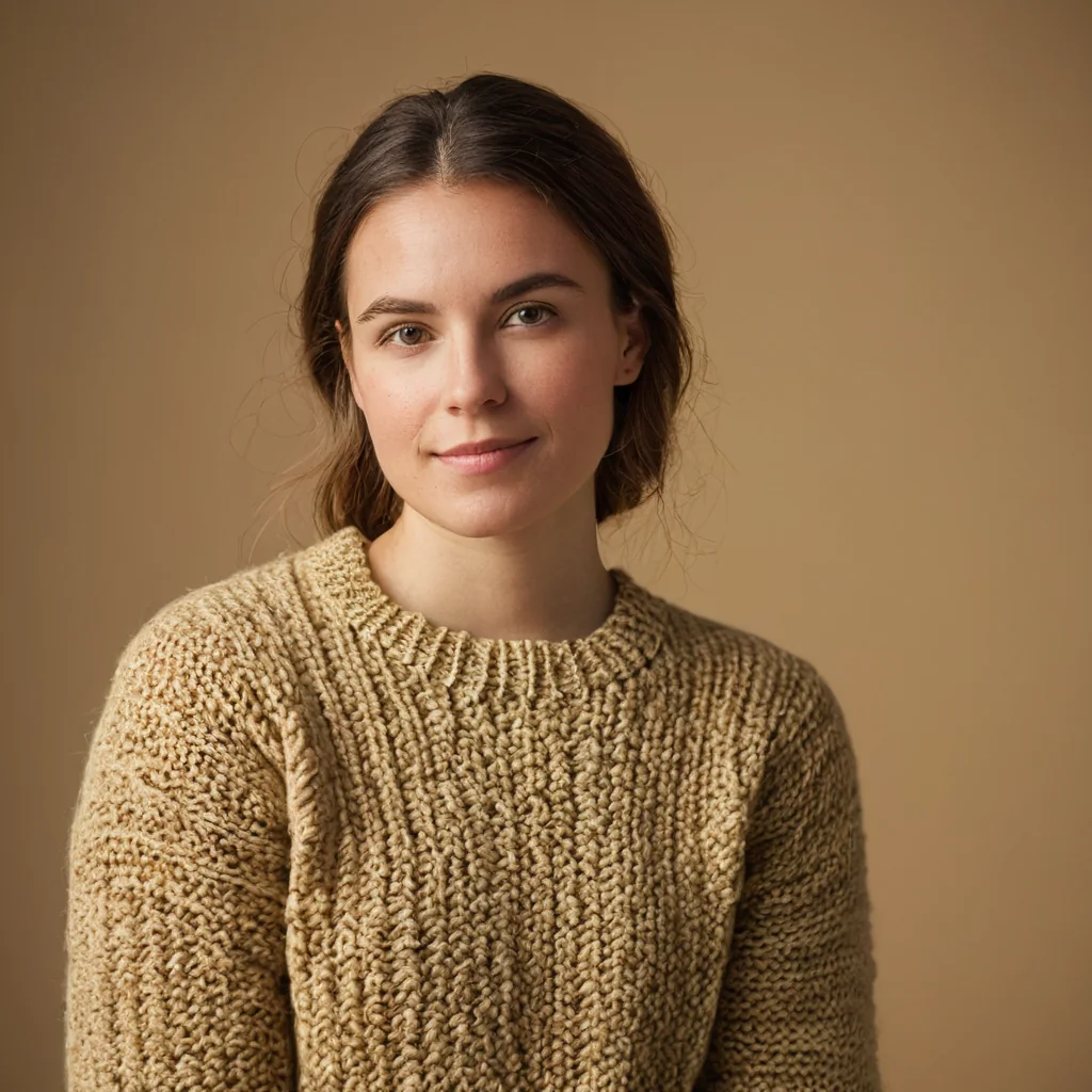 Woman in beige knit sweater against brown background