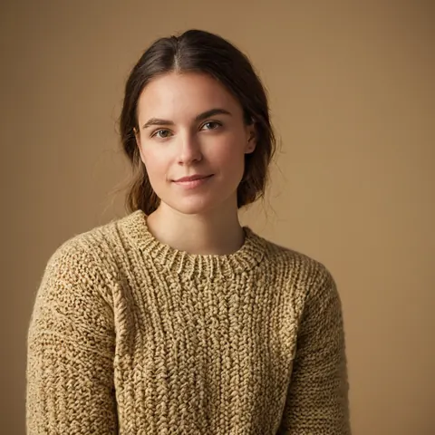 Woman in beige knit sweater against brown background