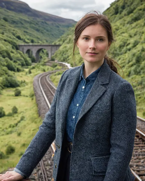 Woman in blue tweed jacket standing by railway tracks with stone viaduct and green hills behind her.