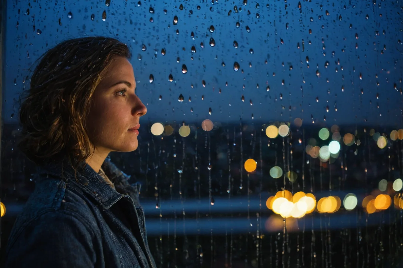 Woman in denim jacket looking out rain-splattered window at glowing city lights at night.