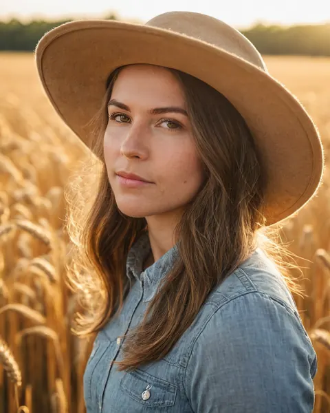 Woman in tan hat and denim shirt standing in golden wheat field at sunset