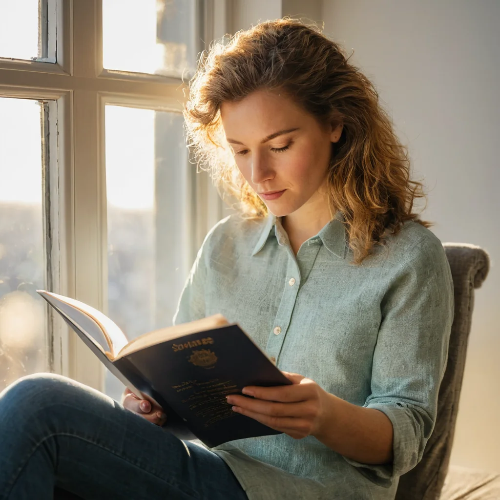 Woman reading a book by a sunny window in a blue shirt