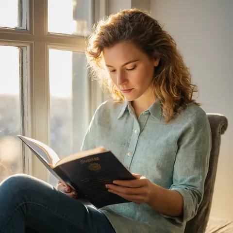 Woman reading a book by a sunny window in a blue shirt