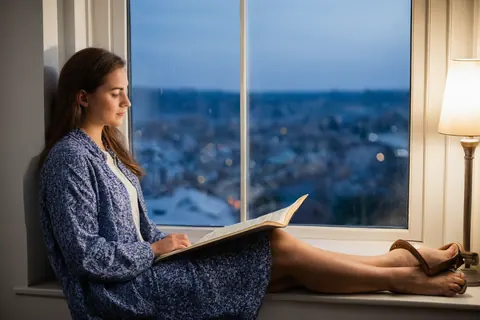 Woman reading a book on a windowsill overlooking a city at twilight