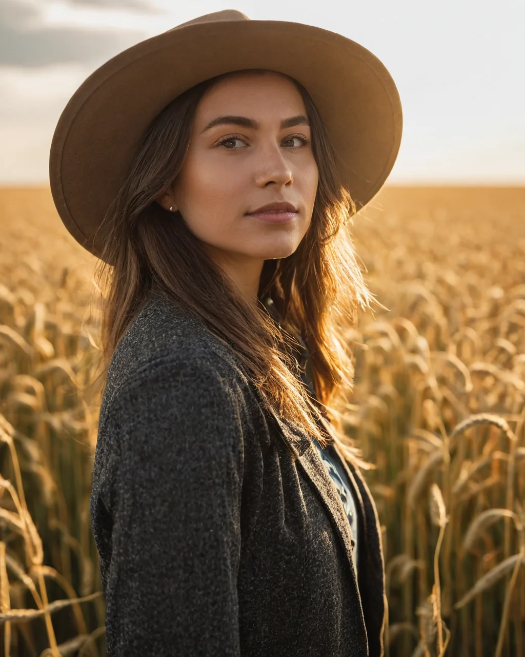 Woman wearing a brown hat standing in a golden wheat field at sunset