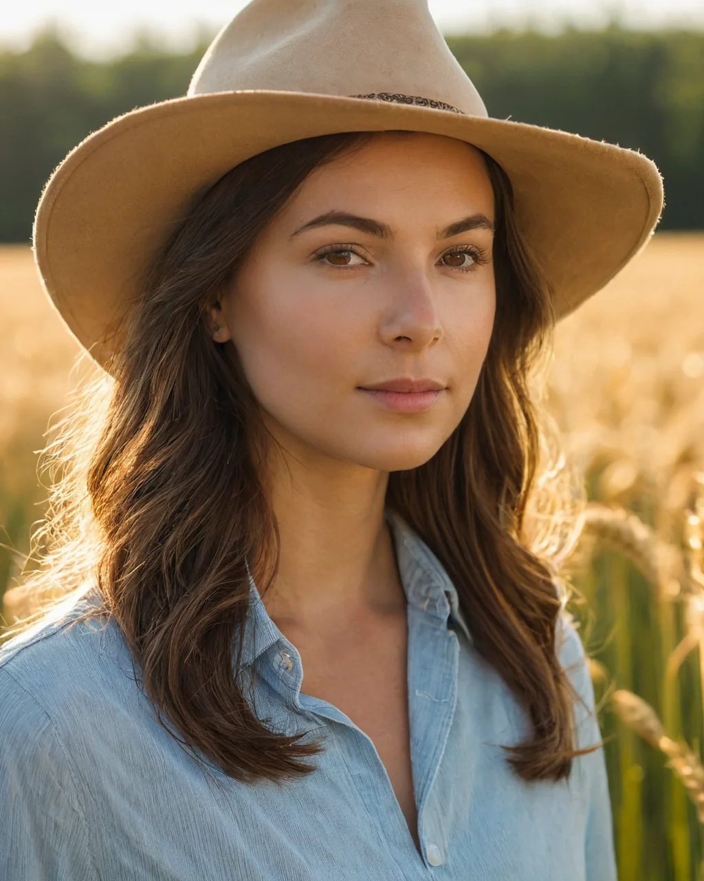 Woman wearing cowboy hat and denim shirt standing in wheat field at sunset