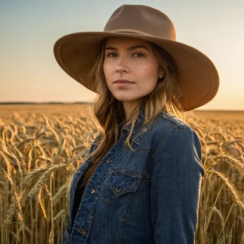 Woman wearing hat and denim jacket standing in wheat field at sunset