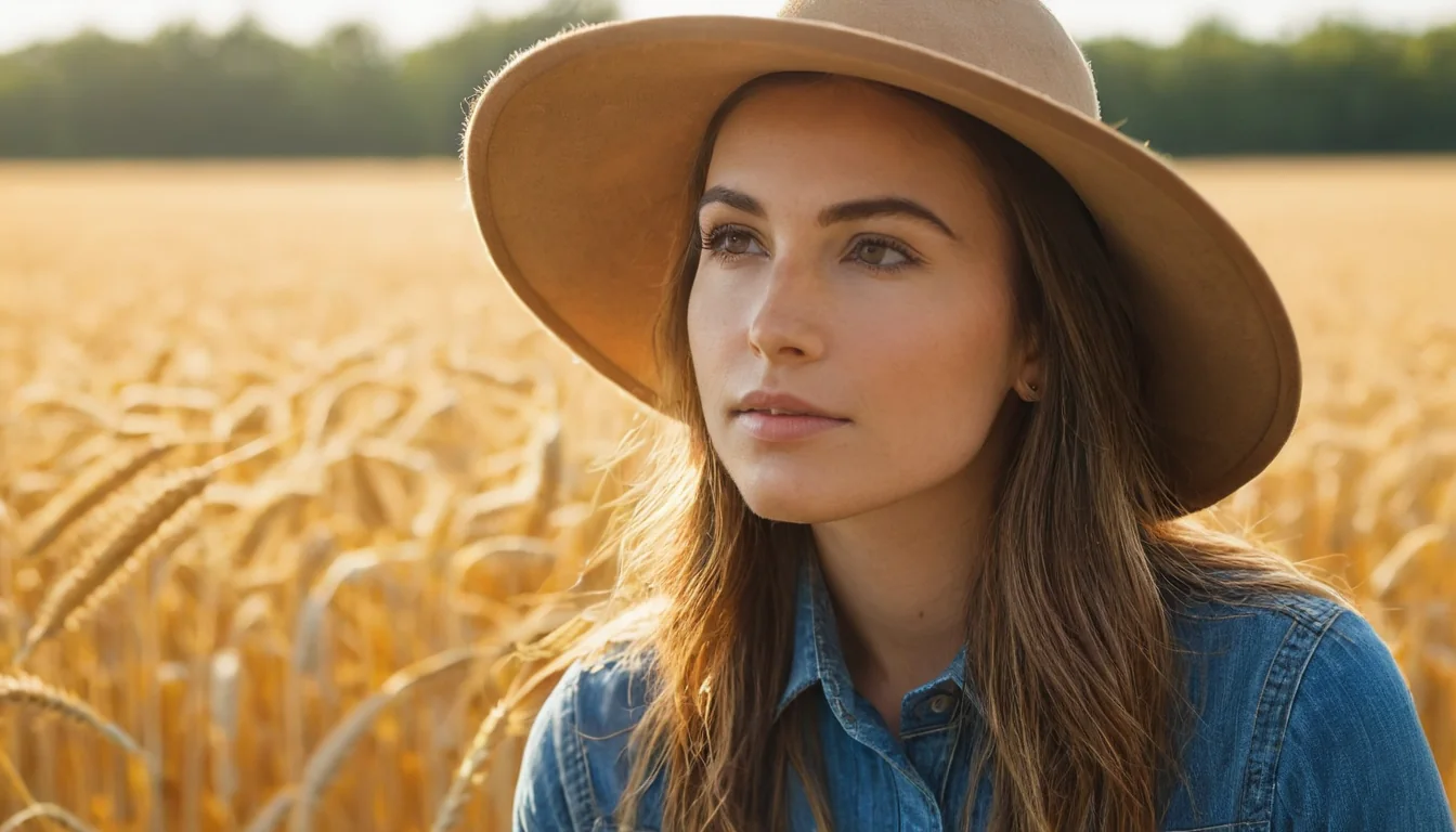 Woman wearing hat and denim shirt standing in golden wheat field at sunset