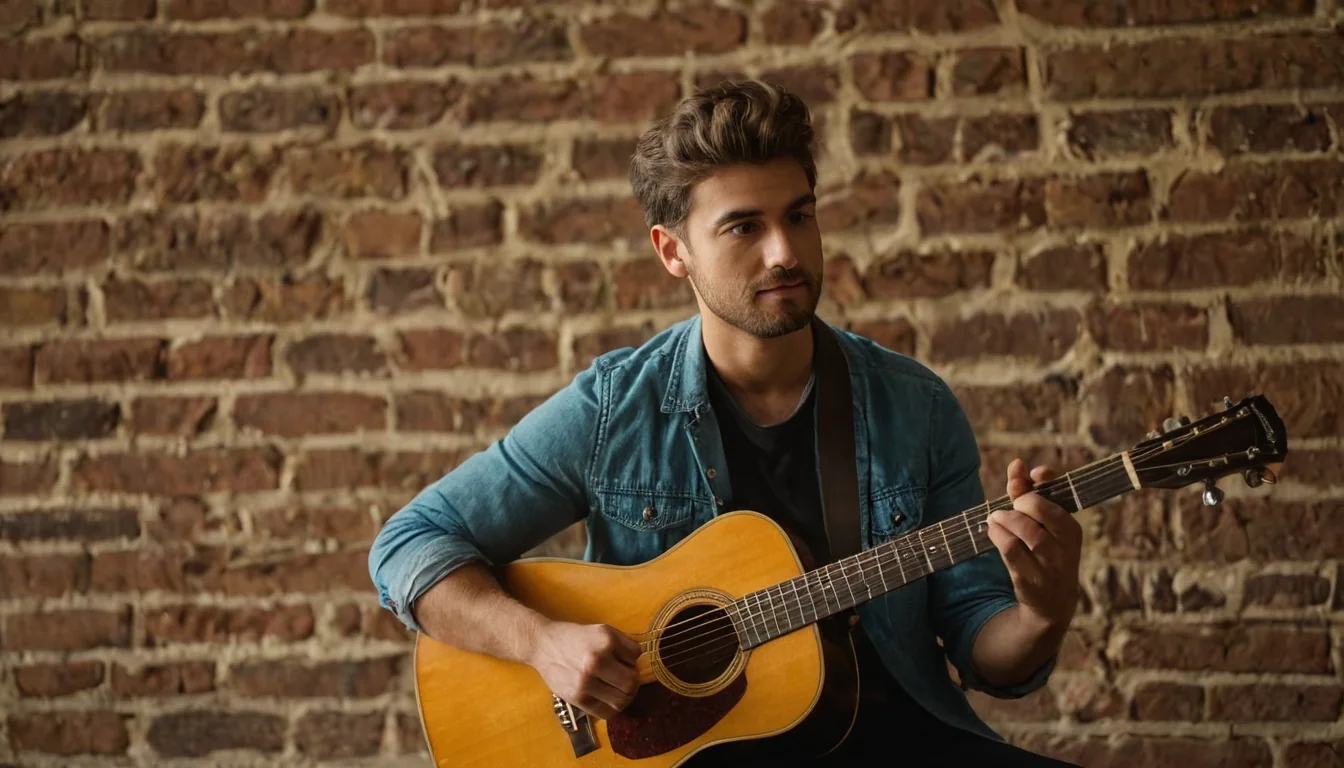 Young man holding acoustic guitar against brick wall