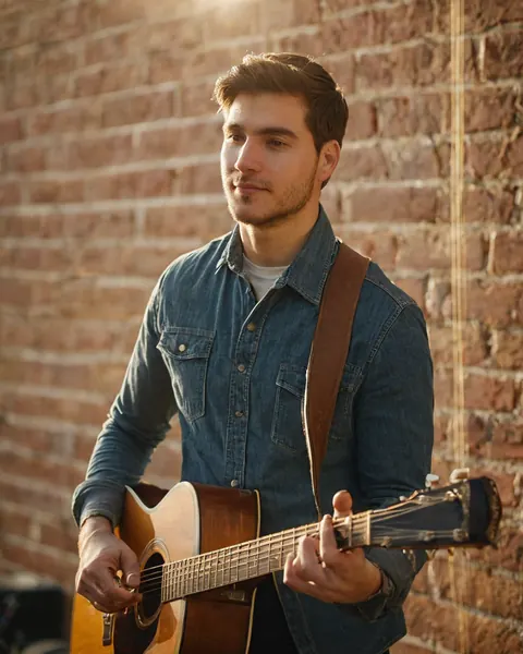 Young man holding acoustic guitar against brick wall in warm sunlight