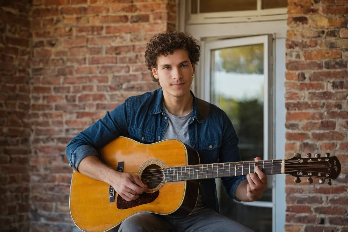 Young man holding acoustic guitar in front of brick wall and window