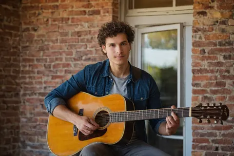 Young man holding acoustic guitar in front of brick wall and window