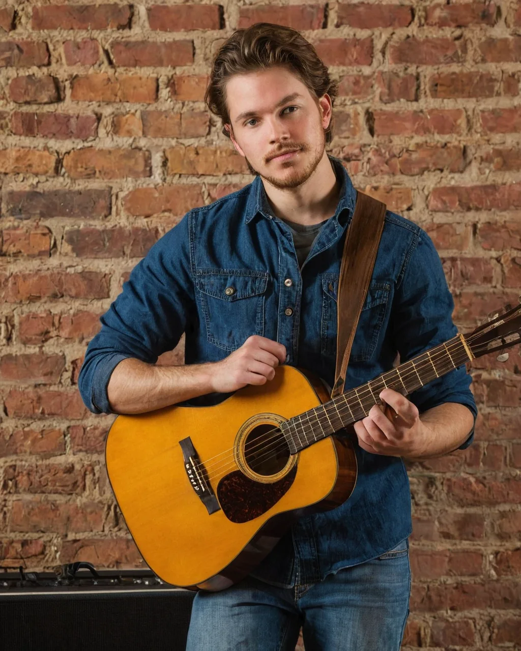 Young man holding acoustic guitar in front of brick wall wearing denim shirt