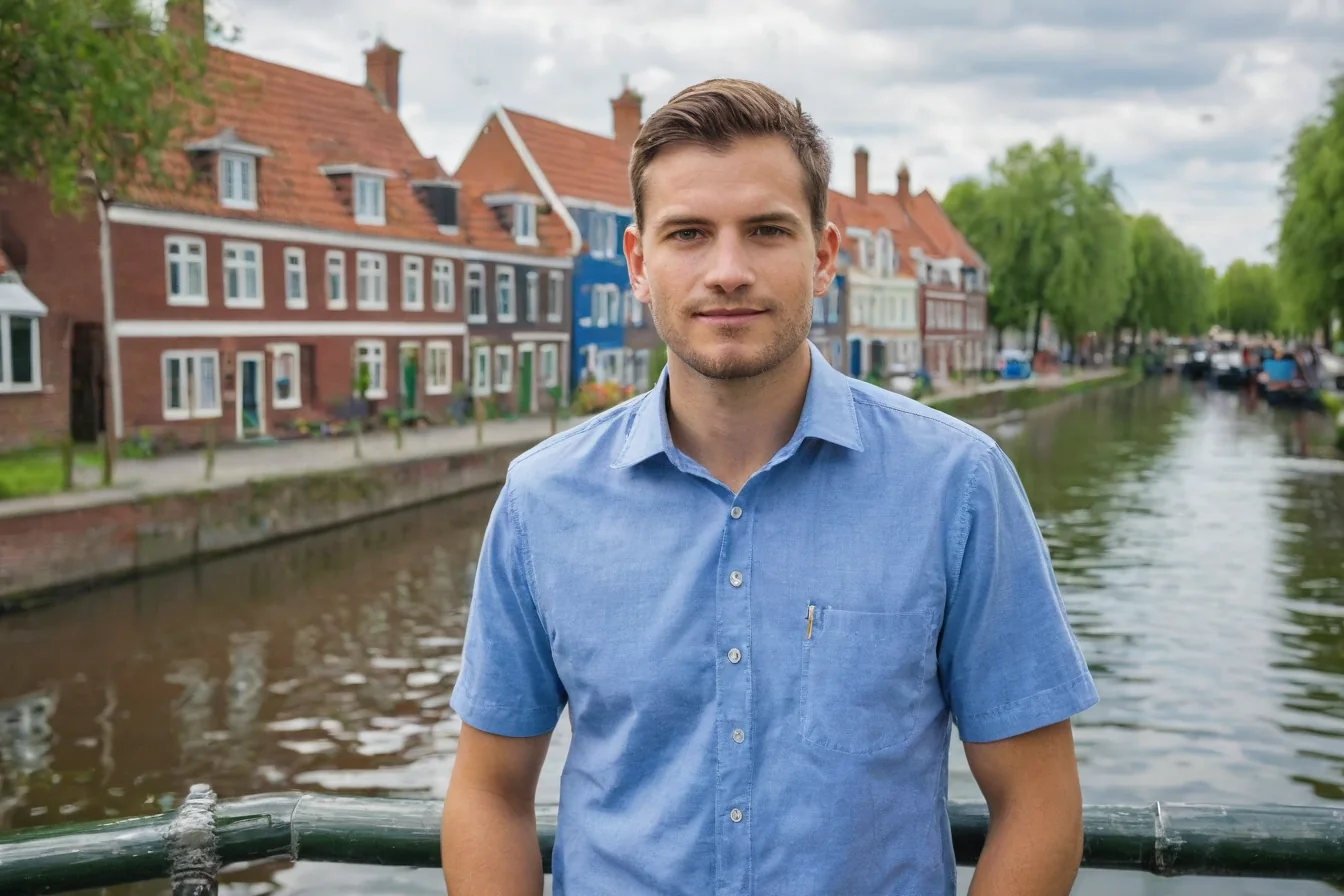 Young man in blue shirt standing on canal bridge with historic buildings and trees behind him