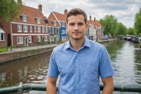 Young man in blue shirt standing on canal bridge with historic buildings and trees behind him