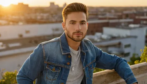 Young man in denim jacket leaning on rooftop railing during golden sunset over city