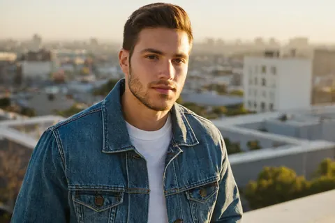 Young man in denim jacket on rooftop overlooking city at sunset